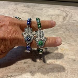Bead bracelets blue green Hamsa charm stretch OS adult